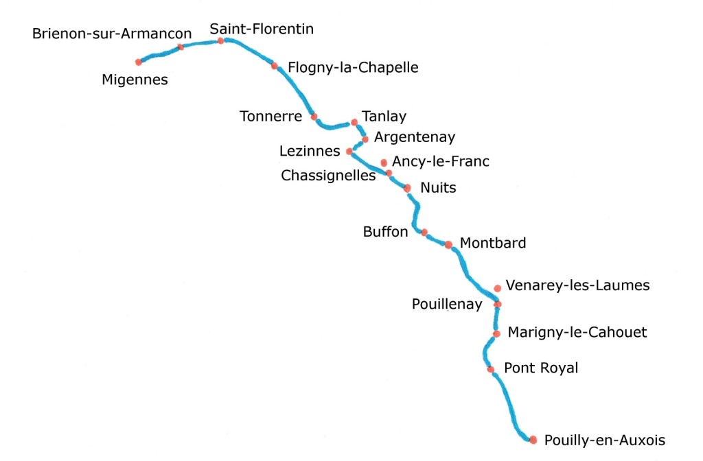 Map of the Burgundy Canal from Migennes to Pouilly-en-Auxois