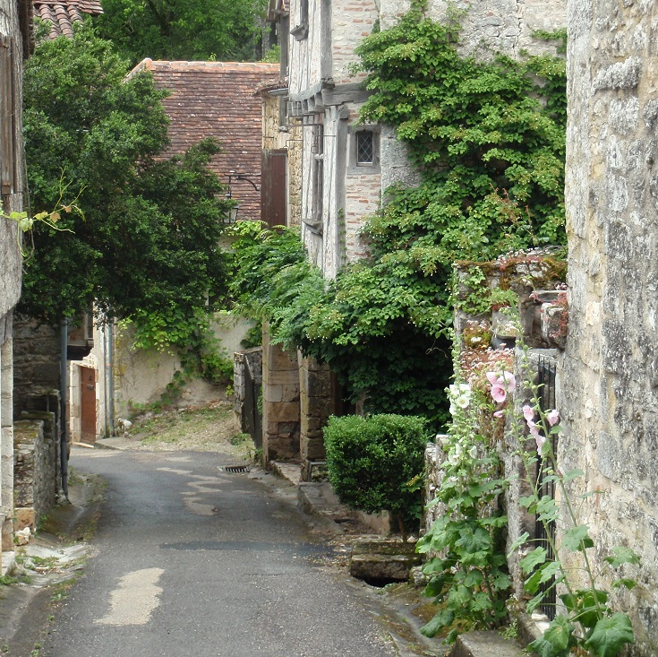 Stone and timbered houses in Saint-Cirq-Lapopie, GR36, France