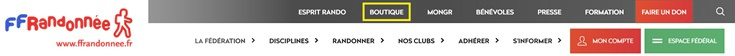 On the homepage menu of the FFRandonnee website, BOUTIQUE is highlighted inside a yellow rectangle