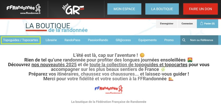 On the boutique page menu of the FFRandonnee website, Topoguides / Topocartes is highlighted inside a yellow rectangle