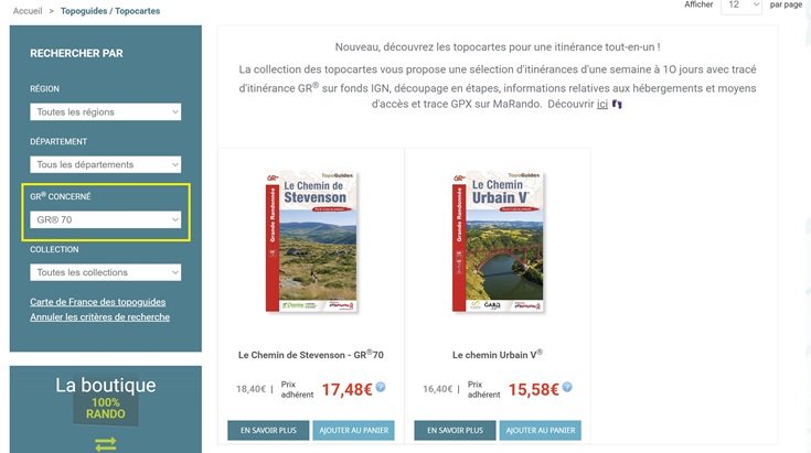 On the Topoguides / Topocartes page menu of the FFRandonnee website, GR 70 is highlighted inside a yellow rectangle