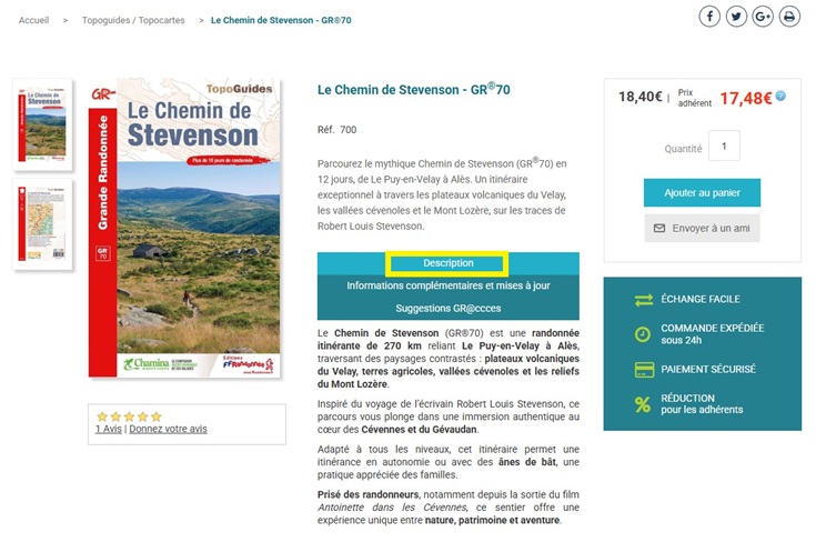 On the page for GR 70 Chemin de Stevenson, DESCRIPTION details are shown
