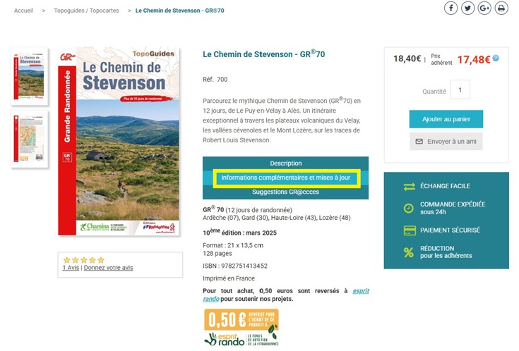 The Informations complémentaires et mises à jour tab includes the publication date and edition number and list any corrections not yet made to the printed edition of the guidebook, such as a rerouting of the path or changes to the accommodation listings