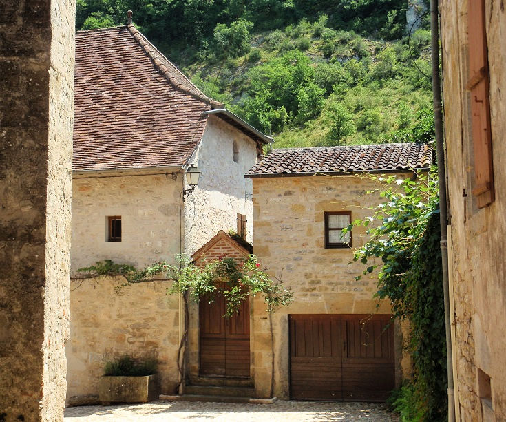 Old stone houses and vines above a wooden door