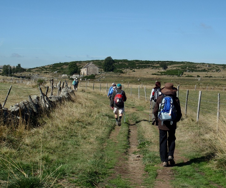 Long distance walkers between Lasbros and Montgros, GR 65, Chemin de Saint-Jacques, France