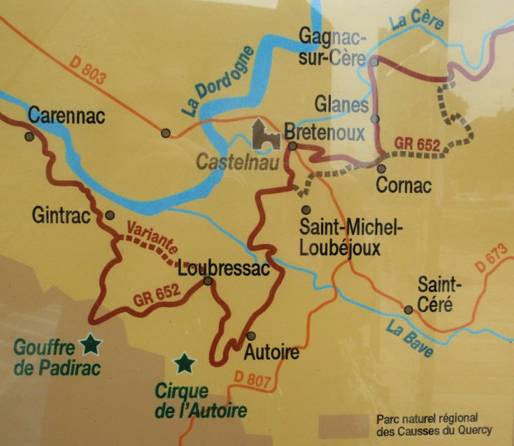 Tourist Information map of the GR 652 path showing the main route and the variante between Loubressac and Carennac