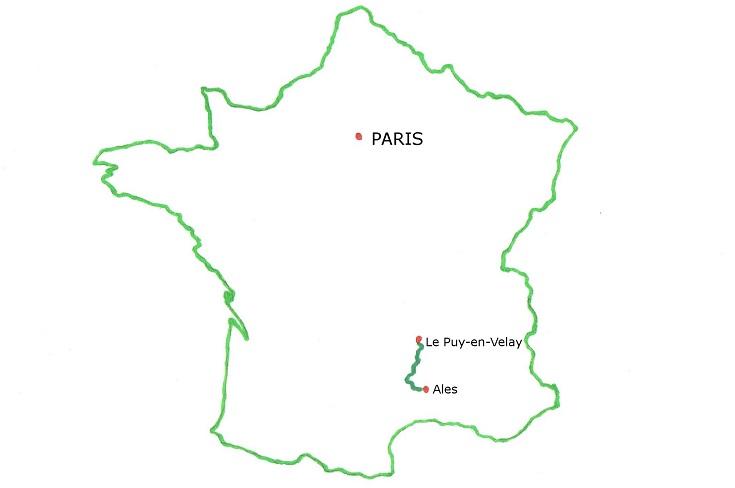 Map of France with the GR 70 Chemin de Stevenson marked