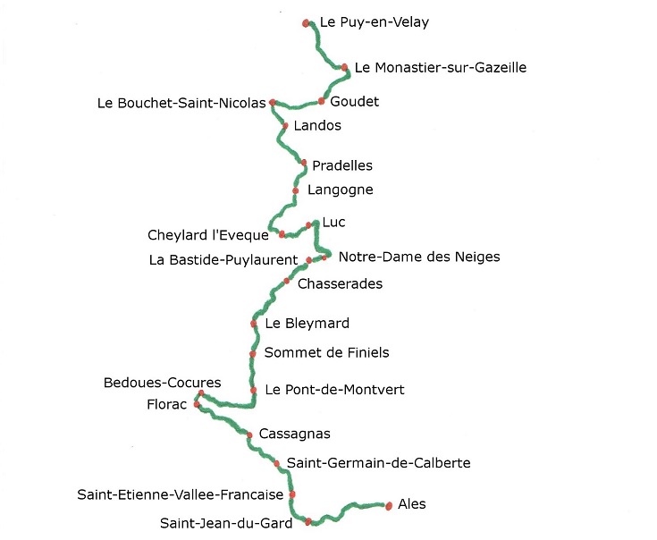 Map showing all towns along the GR70 Chemin de Stevenson