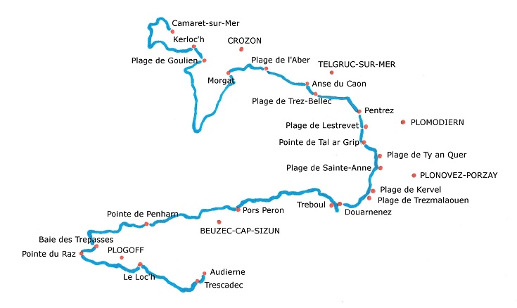 Map of the GR 34 path along the coast of Brittany