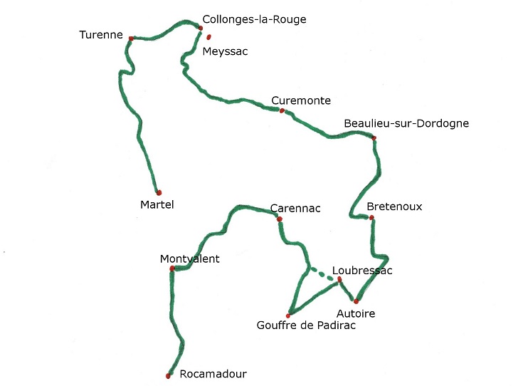 Map of the walking path from Martel to Rocamadour