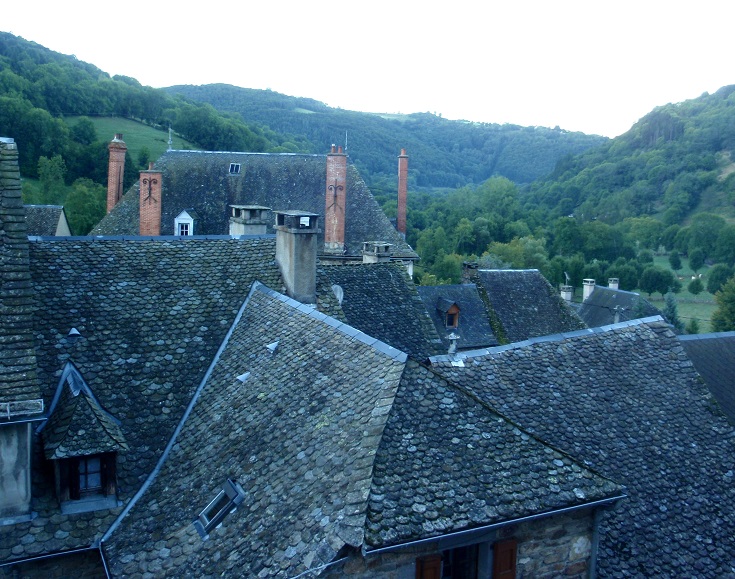 Rooftops and turrets of Saint-Chély-d'Aubrac set below the forested hills